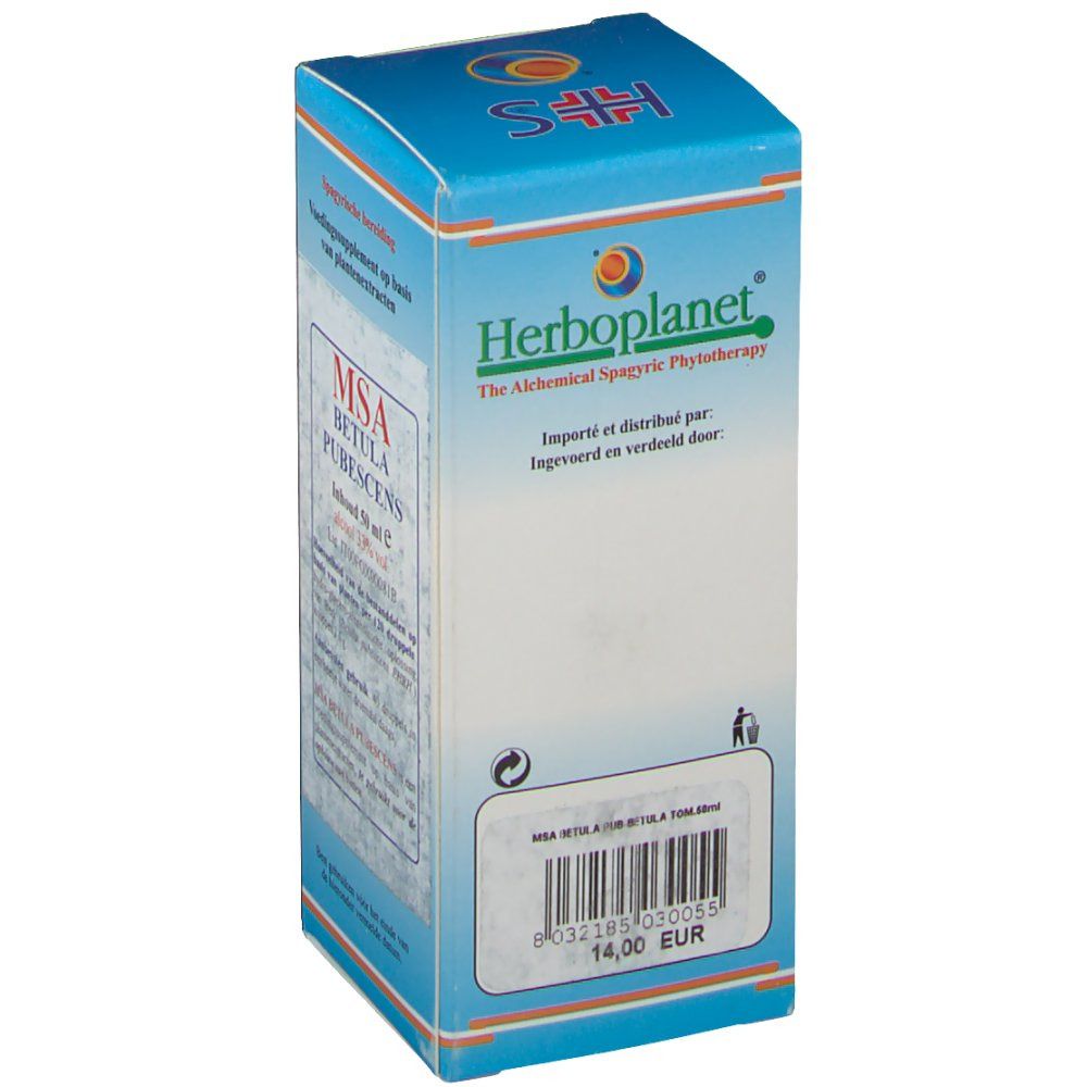 Confezione in cartone con informazioni sul prodotto. Scritta: Herboplanet, MSA Betula Pubescens, prezzo 14,00 EUR.