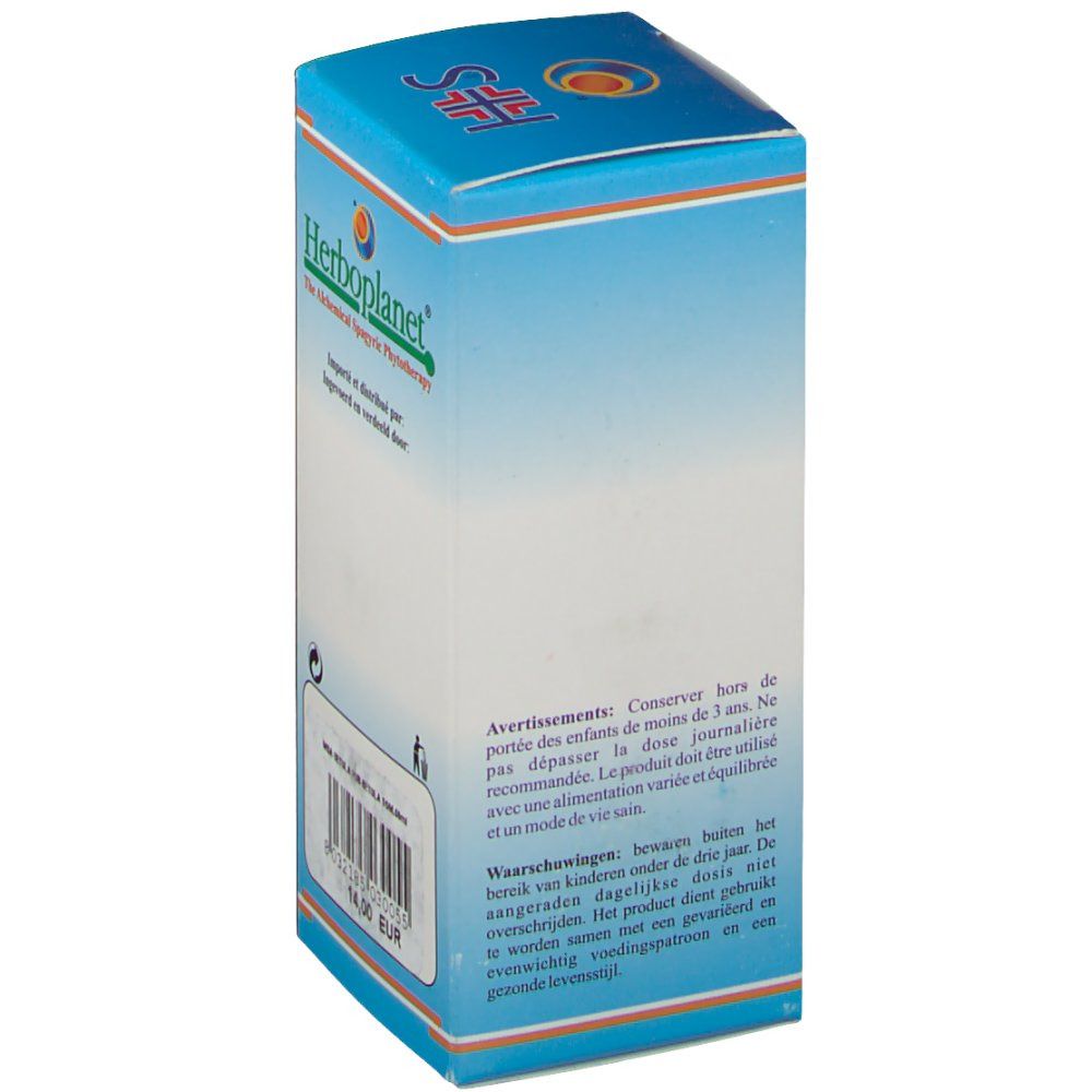 Confezione in cartone con informazioni sul prodotto. Scritta: Herboplanet, avvertenze, prezzo 14,00 EUR.