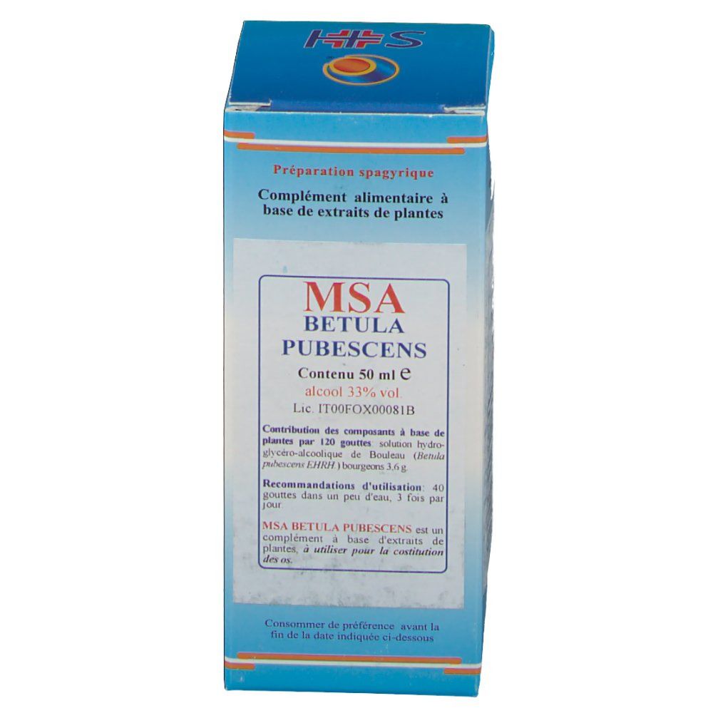 Confezione in cartone con informazioni sul prodotto. Scritta: MSA Betula Pubescens, contenuto 50 ml, alcool 33% vol.