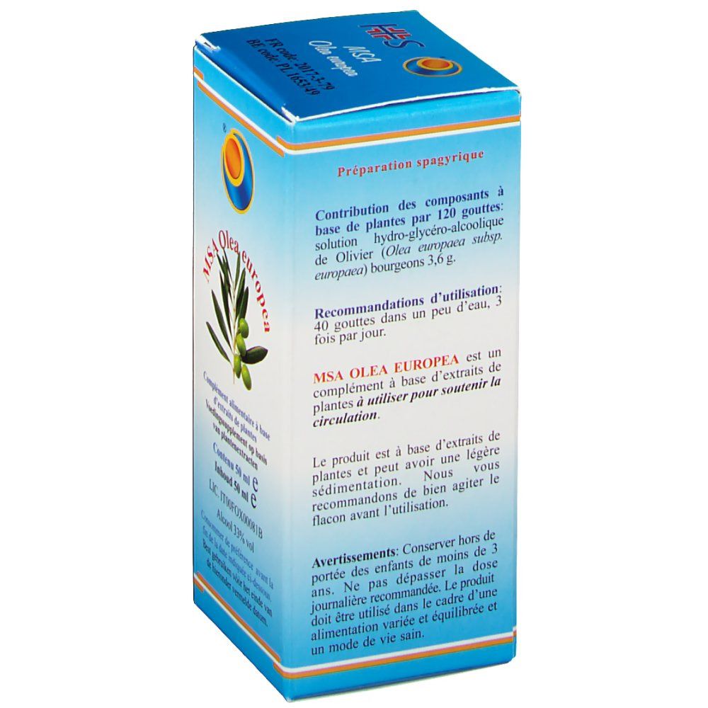 Retro della scatola di cartone MSA Olea europea. Testo multilingue. Contiene informazioni su ingredienti e utilizzo.