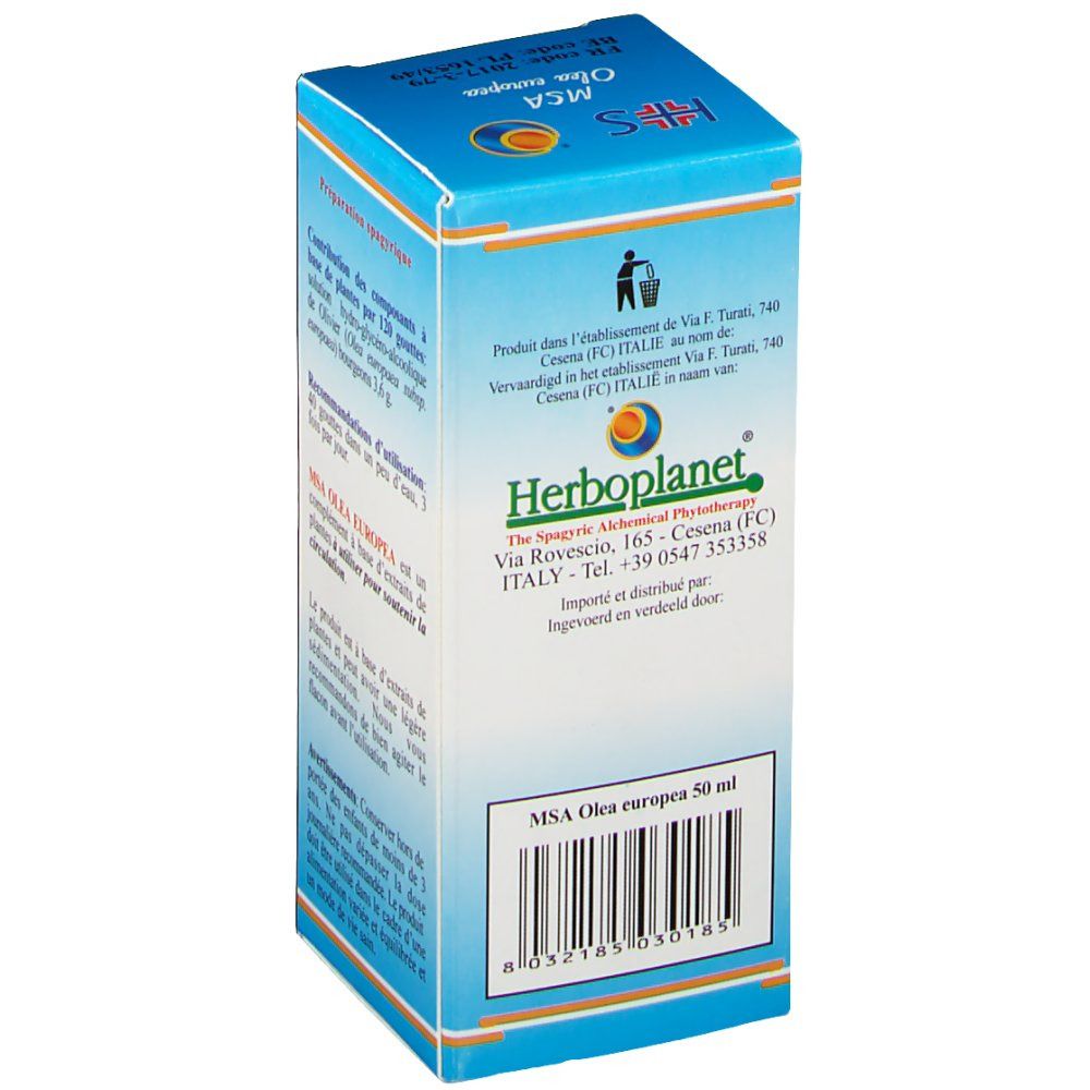 Scatola di cartone MSA Olea europea. Informazioni del produttore e codice a barre. Logo Herborplanet. Testo multilingue.