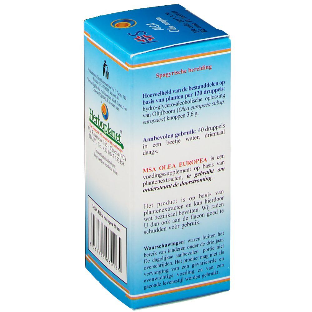 Retro della scatola di cartone MSA Olea europea. Testo multilingue. Contiene informazioni su ingredienti e utilizzo.
