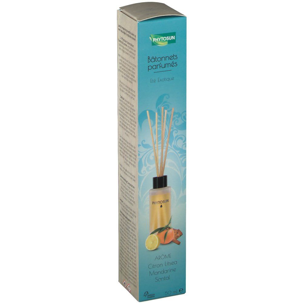 Confezione di bastoncini profumati. Bottiglia con liquido e bastoncini. Scritta: Phytosun, Aroma, Limone, Mandarino, Legno di sandalo.