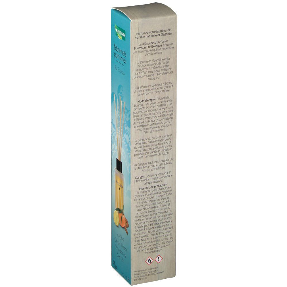 Confezione stretta con testo. Scritta: Phytosun. Testo in più lingue. Illustrazione di limone, mandarino e bastoncini.