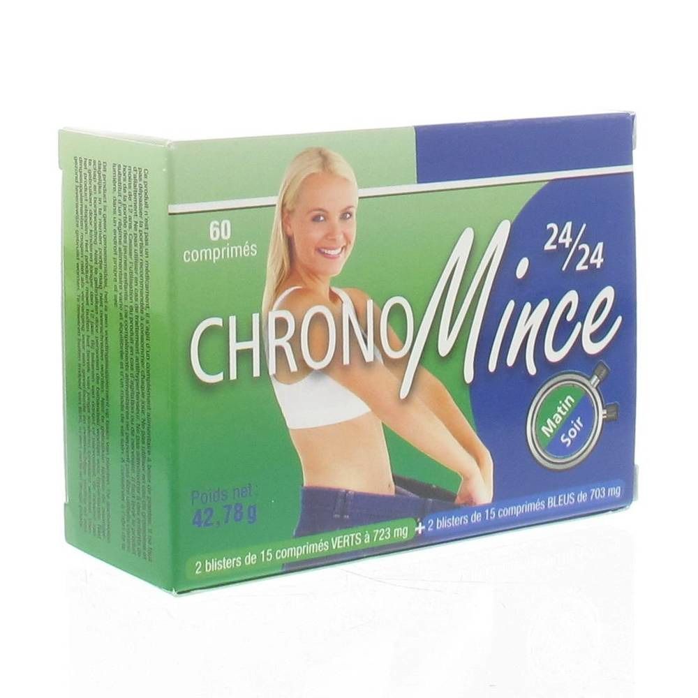 Scatola di compresse CHRONOMince. Scritta: 60 compresse, 42,78g. Immagine di donna. Testo: Matin Soir, 24/24. 2 blister verdi, 2 blu.