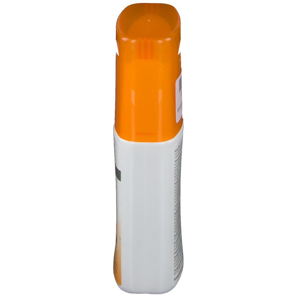 Flacone Golvita Sun 2 in 1, vista laterale. Tappo arancione, contenitore bianco. Etichetta con testo.
