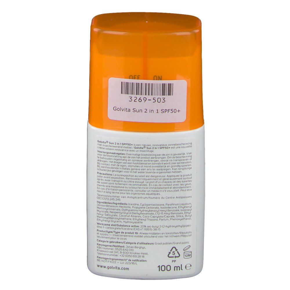 Retro del flacone Golvita Sun 2 in 1. Testo su sfondo bianco. 100 ml.