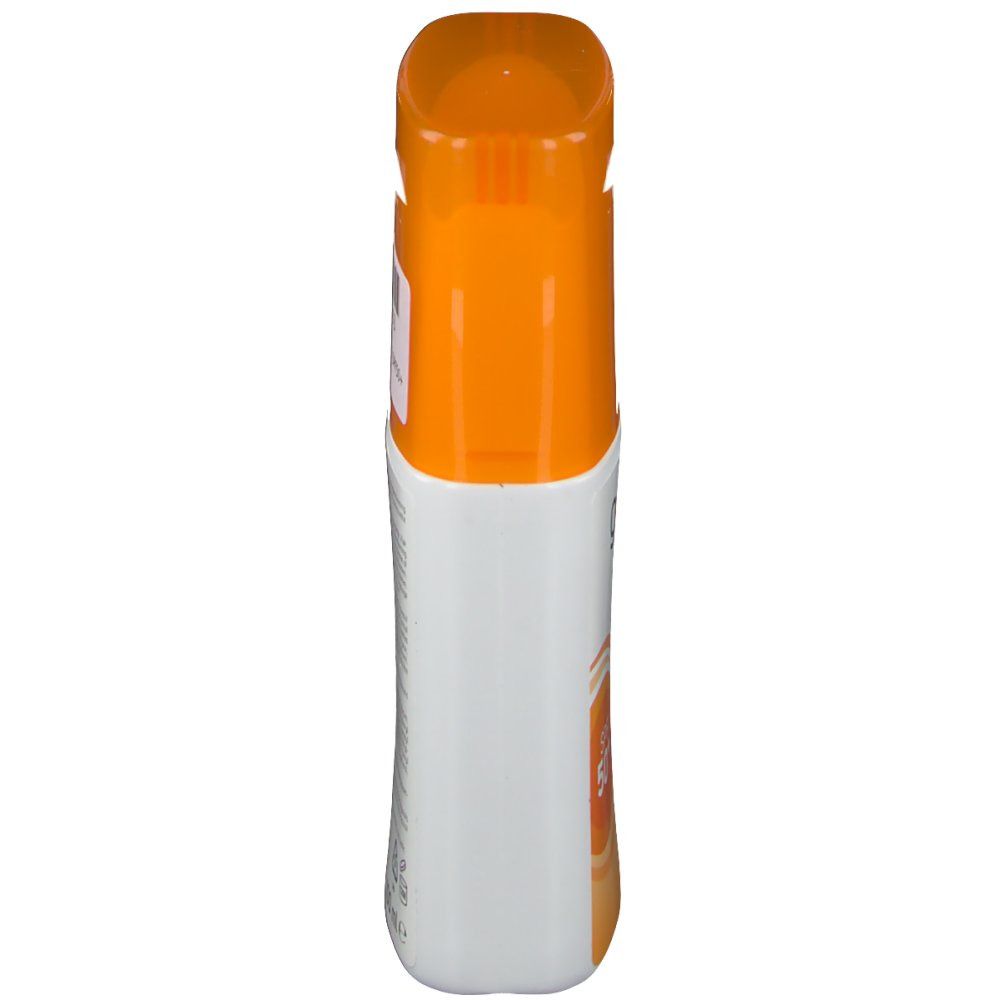 Flacone Golvita Sun 2 in 1, vista laterale. Tappo arancione, contenitore bianco. Etichetta con testo.