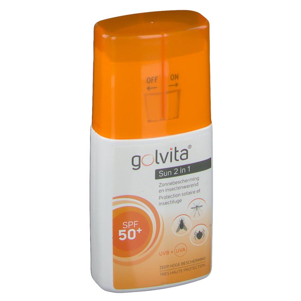 Flacone Golvita Sun 2 in 1 SPF50+. Tappo arancione, contenitore bianco. Testo: Sun 2 in 1, SPF 50+, protezione UV.