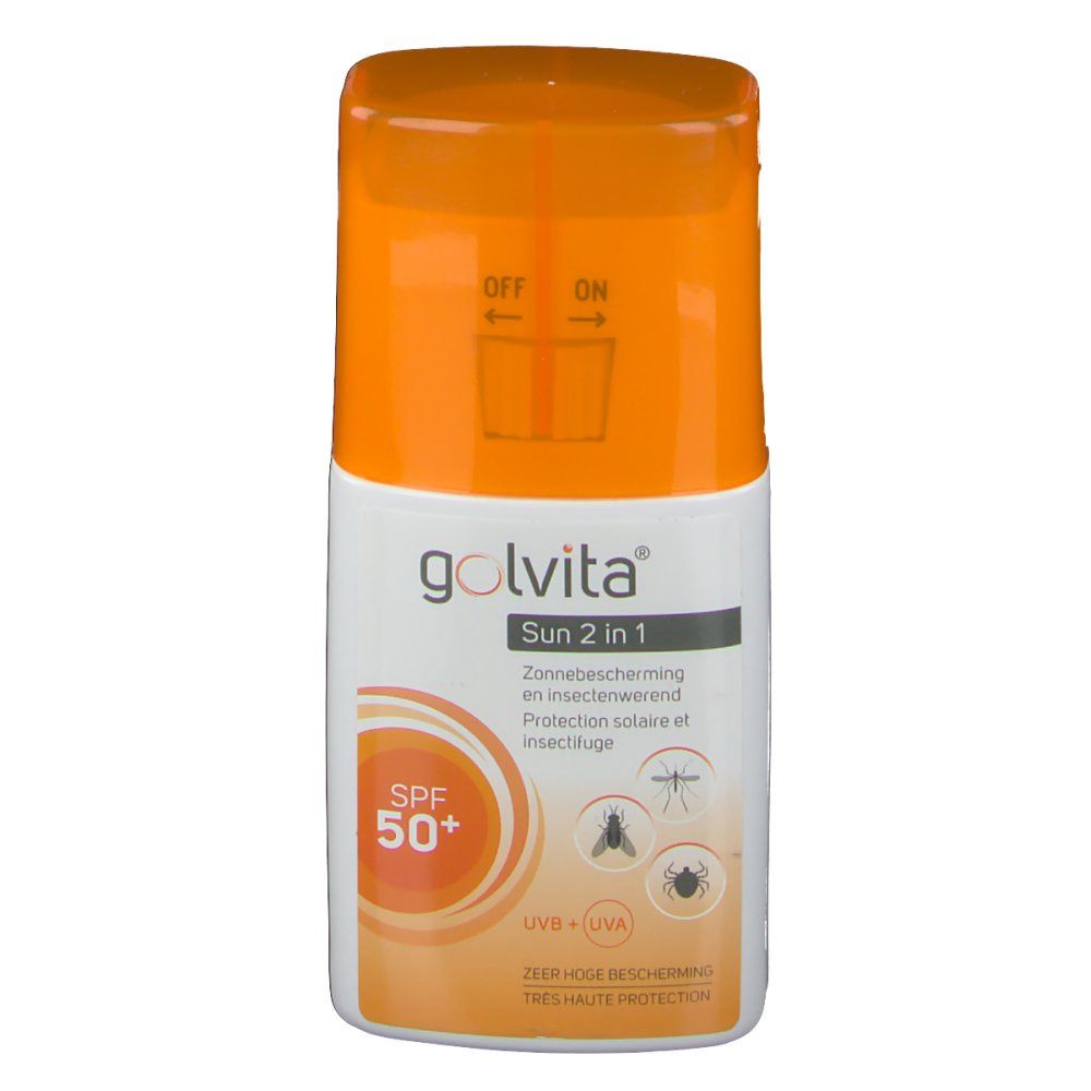 Flacone Golvita Sun 2 in 1 SPF50+. Tappo arancione, contenitore bianco. Testo: Sun 2 in 1, SPF 50+, protezione UV.