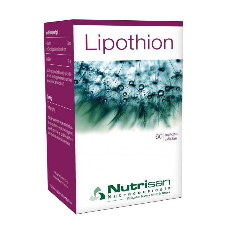 Confezione di Nutrisan Lipothion. Scritta "Lipothion" e "60 softgels". Logo Nutrisan Nutraceuticals.