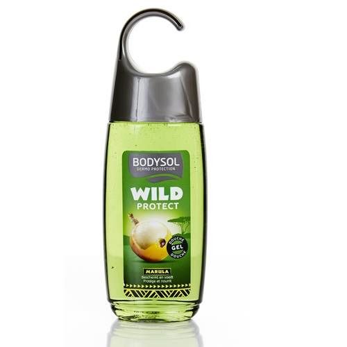 Flacone di gel doccia verde con gancio. Testo: BODYSOL WILD PROTECT MARULA. Illustrazione di un frutto.