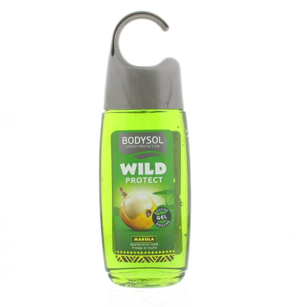 Flacone di gel doccia verde con gancio. Testo: BODYSOL WILD PROTECT MARULA. Illustrazione di un frutto.