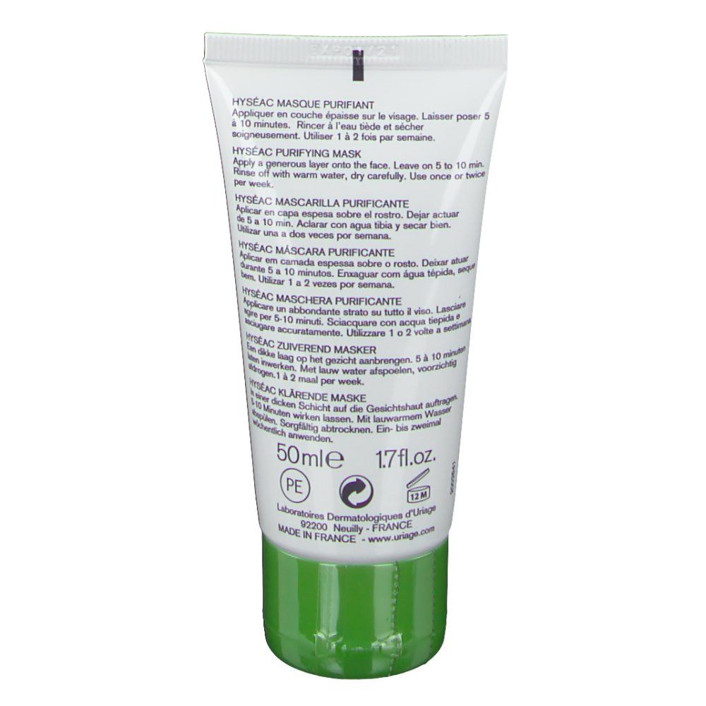 Retro del tubo. Uriage Hyséac Masque Purifiant. Testo: utilizzo, ingredienti. Tappo verde. 50ml.