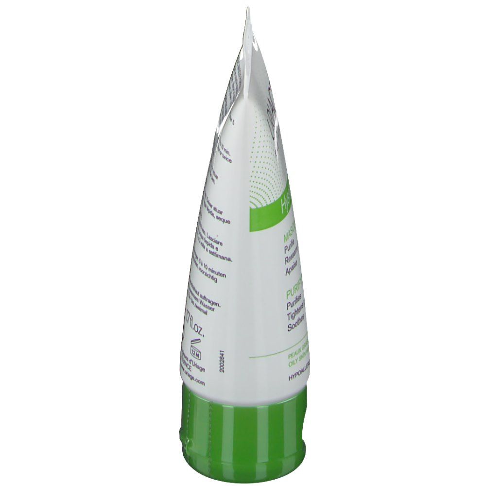 Vista laterale del tubo. Bianco, verde. Uriage Hyséac Masque Purifiant. Testo sulla confezione. Tappo verde.
