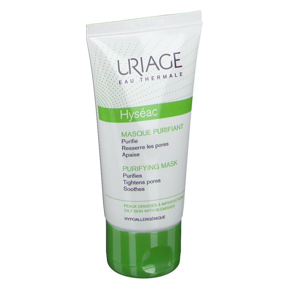 Tubo bianco-verde. Uriage Hyséac Masque Purifiant. Testo: Purifie, resserre les pores, apaise. Ipoallergenico.