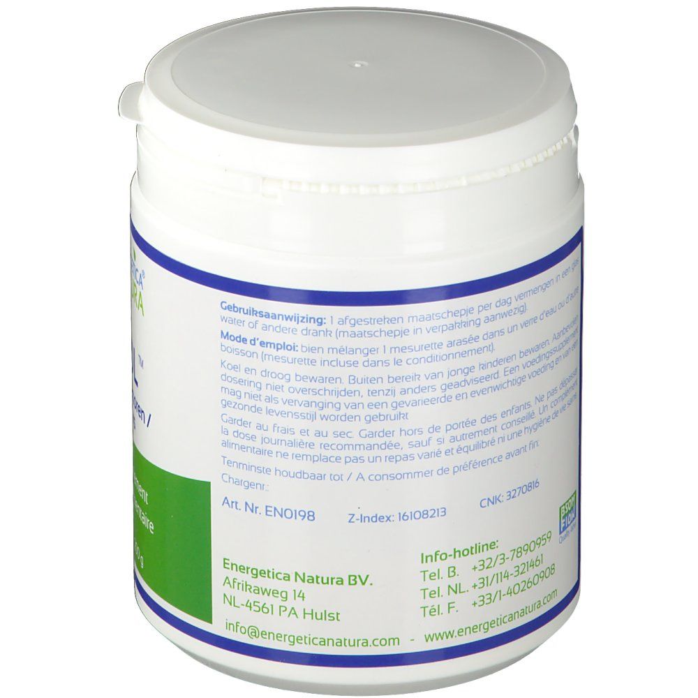 Retro del contenitore bianco. Etichetta con testo in olandese e francese. Energetica Natura BV. Informazioni di contatto.