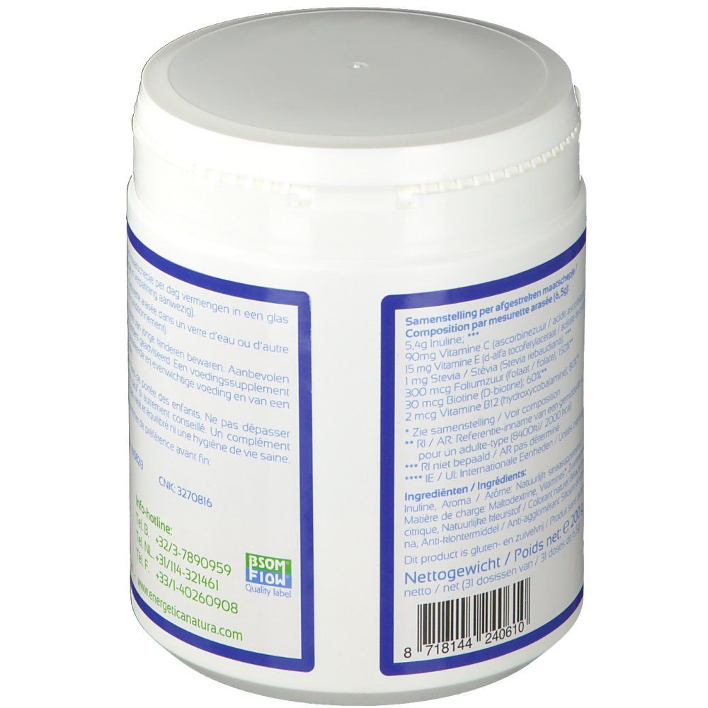 Retro del contenitore bianco. Etichetta con testo in olandese e francese. Composizione, informazioni nutrizionali, numero di lotto.