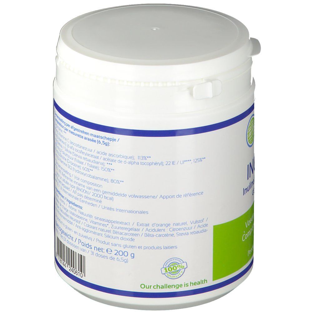 Retro del contenitore bianco. Etichetta con testo in olandese e francese. Ingredienti, peso netto 200 g, 33 porzioni.