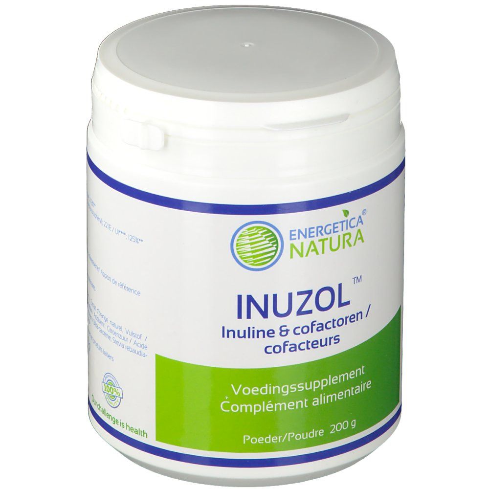 Contenitore bianco con etichetta verde e blu. Inuzol, Inulina e cofattori. Integratore alimentare. 200 g.