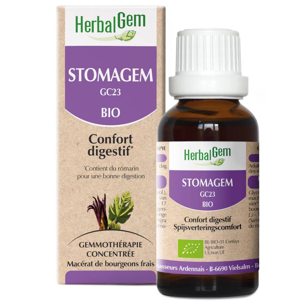 Flacone di vetro marrone con tappo bianco e scatola. Scritta: HerbalGem Stomagem Bio. Gemmoterapia concentrata.