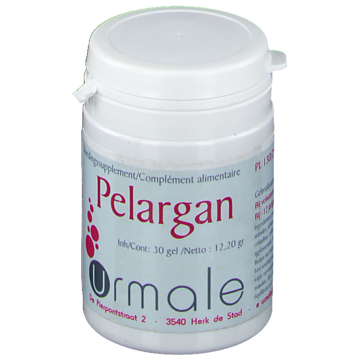 Barattolo bianco con coperchio. Scritta Pelargan e Urmale. Contiene 30 gel. Indirizzo: De Pierpontstraat 2, 3540 Herk de Stad.