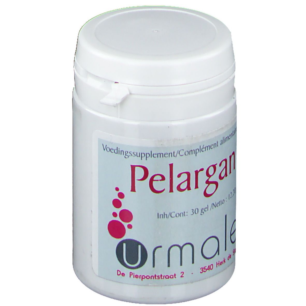 Barattolo bianco con coperchio. Scritta Pelargan e Urmale. Contiene 30 gel. Indirizzo: De Pierpontstraat 2, 3540 Herk de Stad.