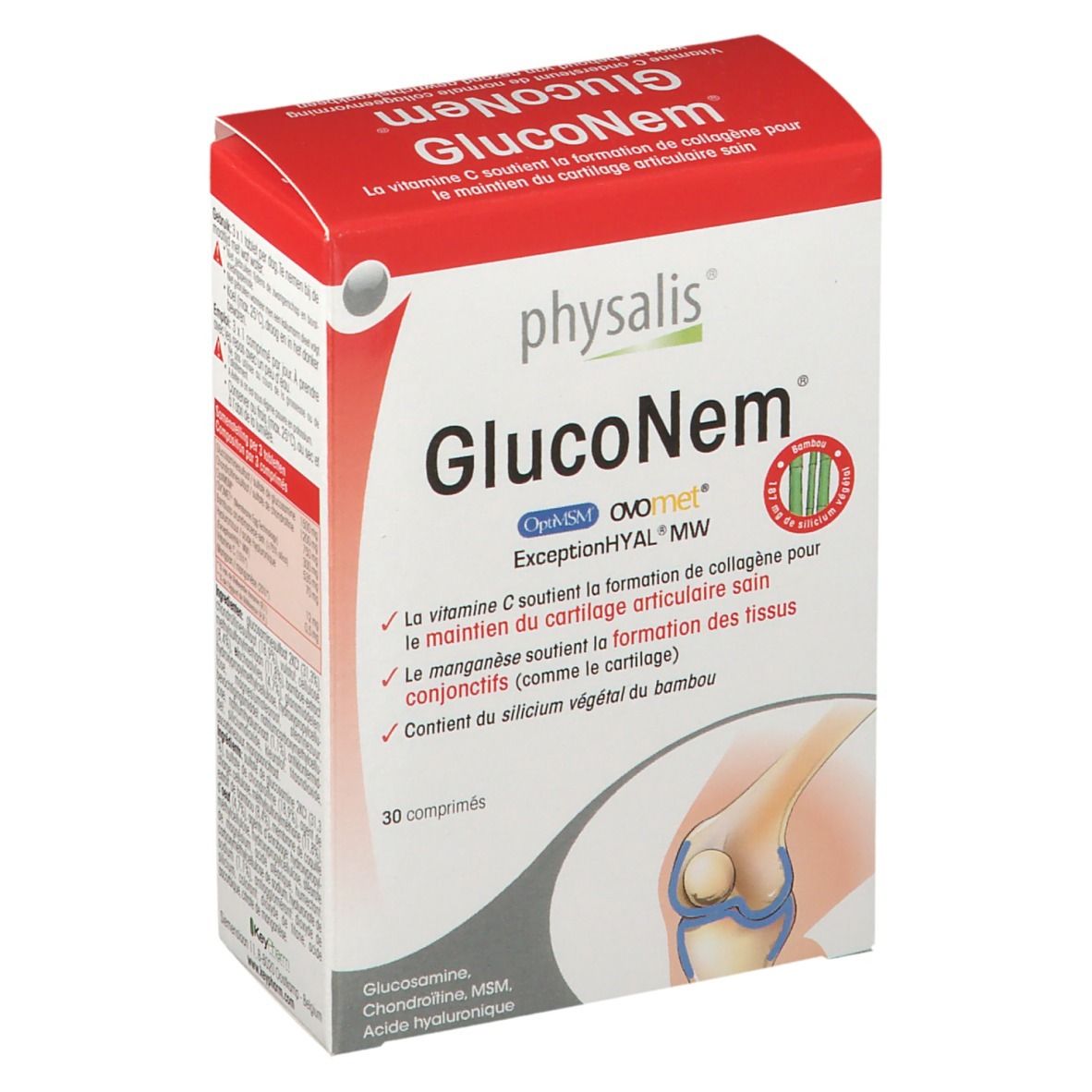 Confezione Physalis GlucoNem. Scatola rossa e bianca con nome del prodotto e informazioni. Illustrazione di un'articolazione.