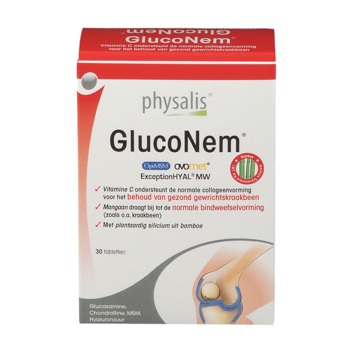 Confezione Physalis GlucoNem. Scatola rossa e bianca con nome del prodotto e informazioni. Illustrazione di un'articolazione.