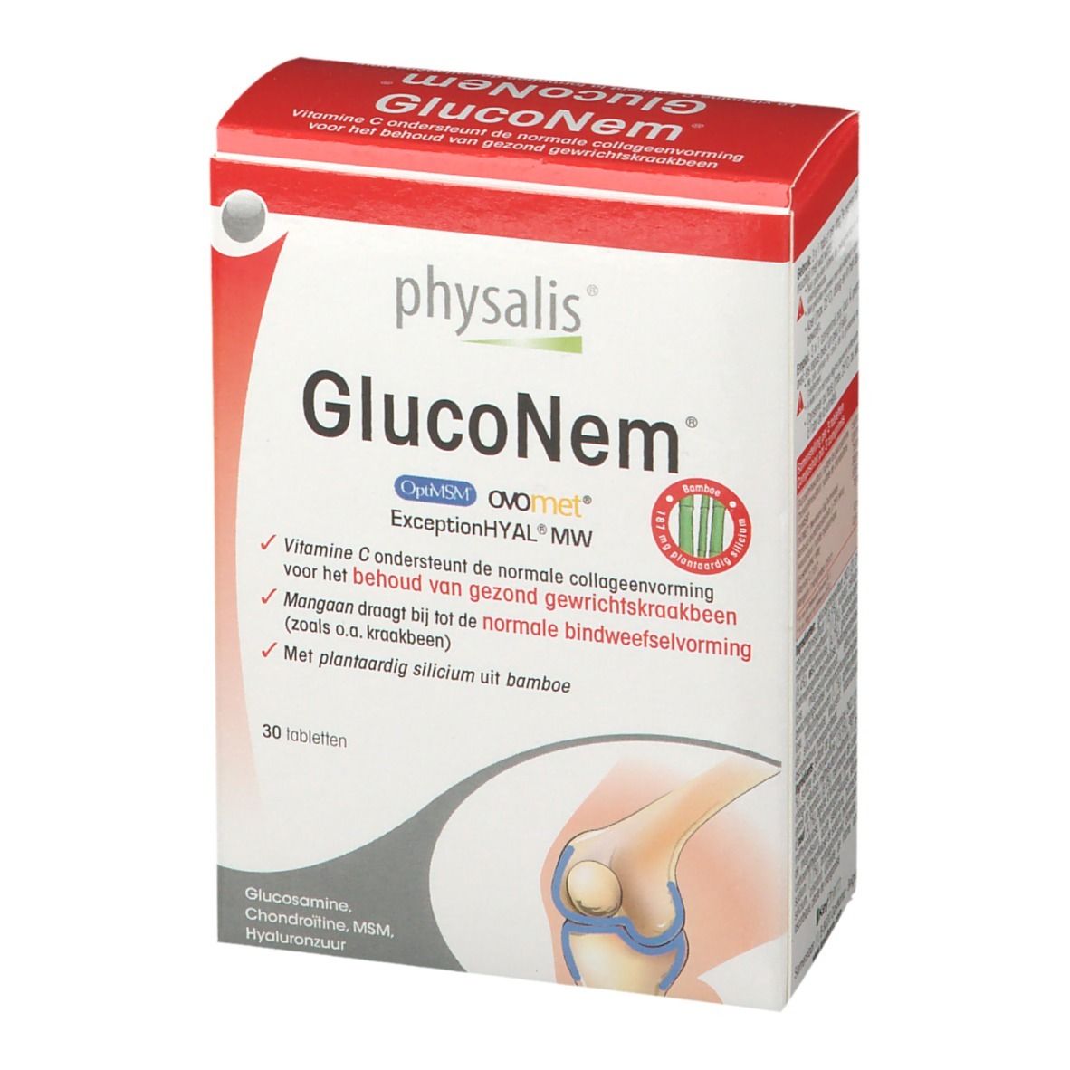Confezione Physalis GlucoNem. Scatola rossa e bianca con nome del prodotto e informazioni. Illustrazione di un'articolazione.