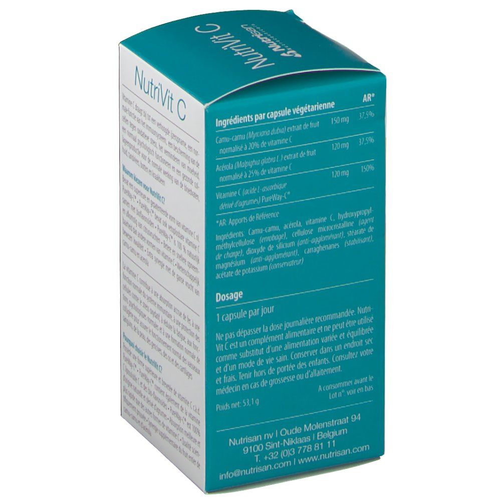 Retro della confezione NutriVit C. Testo in tedesco, francese e olandese. Contiene informazioni sugli ingredienti e il dosaggio.