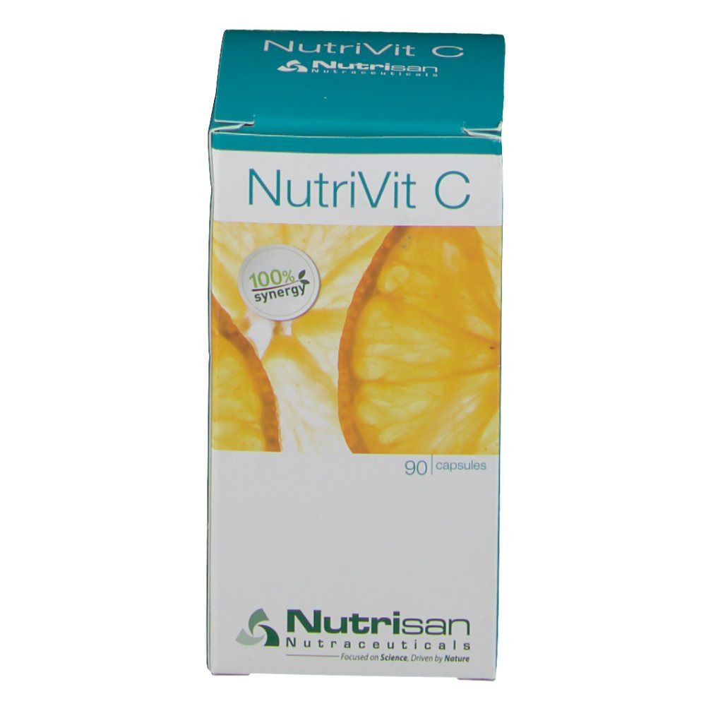 Scatola NutriVit C, 90 capsule. Scritta NutriVit C, logo Nutrisan. Sfondo: fette di arancia. Colore dominante: turchese.
