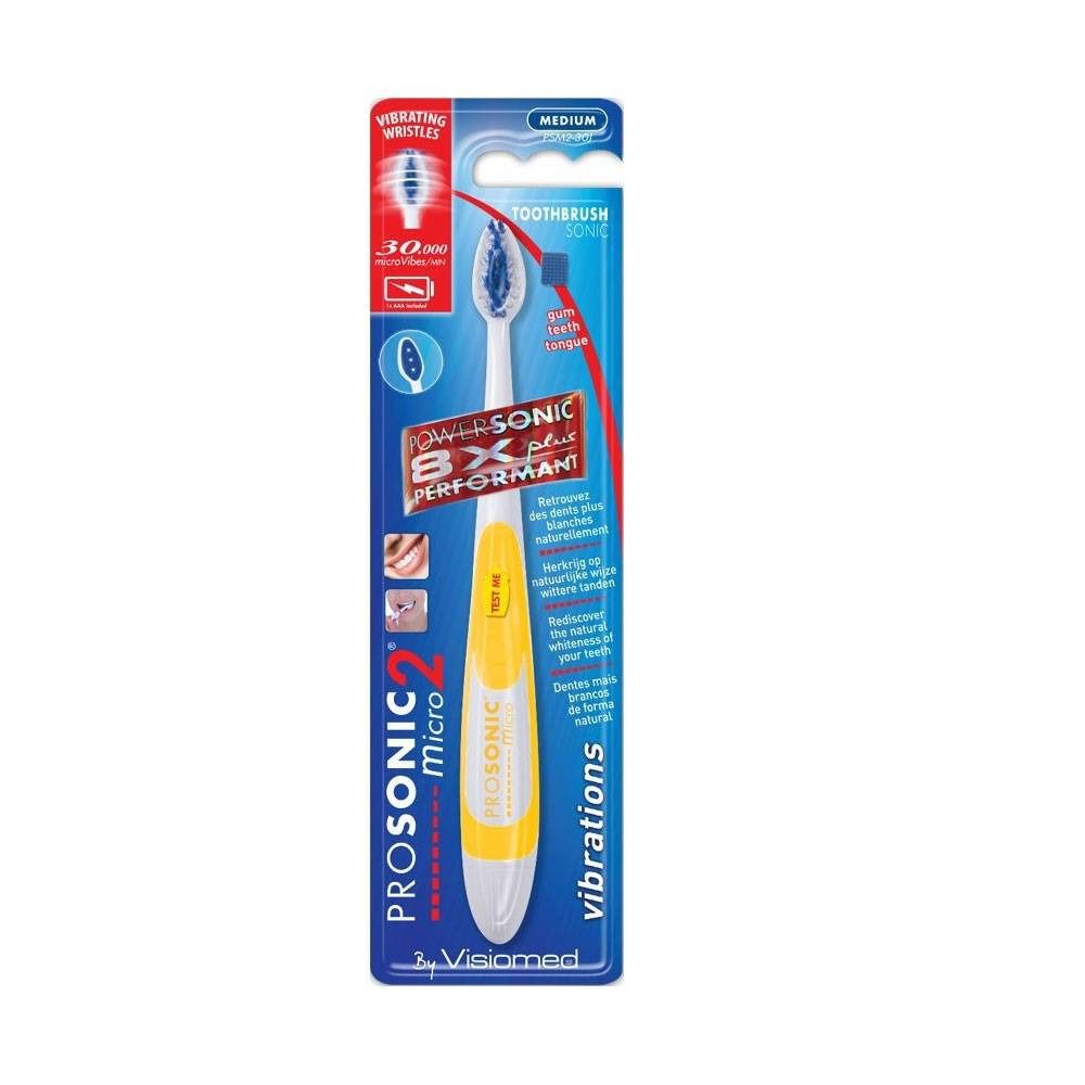 Manico giallo, testina bianca. Confezione con nome e caratteristiche del prodotto. Spazzolino vibrante.