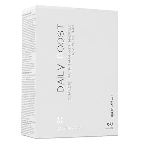 Scatola bianca "DAILY BOOST". Contiene 60 compresse. Marchio: Rainpharma. Multivitaminico completo.
