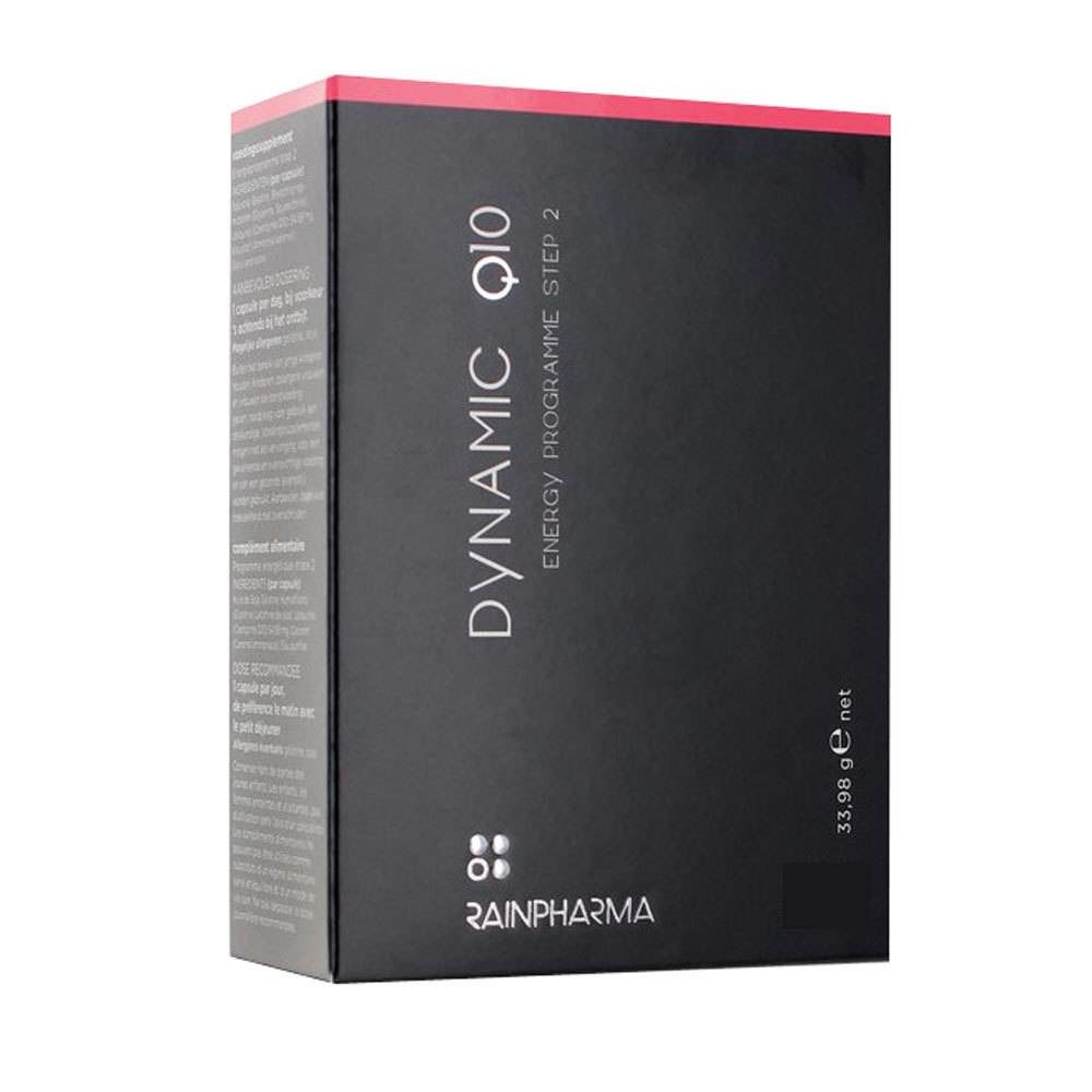 Confezione nera con dettagli rossi. Scritta: DYNAMIC Q10, ENERGY PROGRAMME STEP 2. Marchio: Rainpharma. Peso: 33,98 g.