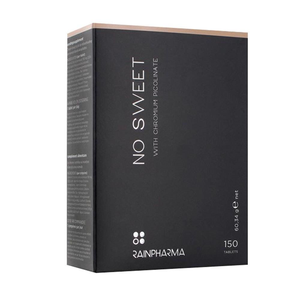 Confezione nera "NO SWEET" con 150 compresse. Contiene picolinato di cromo. Marchio: Rainpharma. Peso netto: 60,34 g.