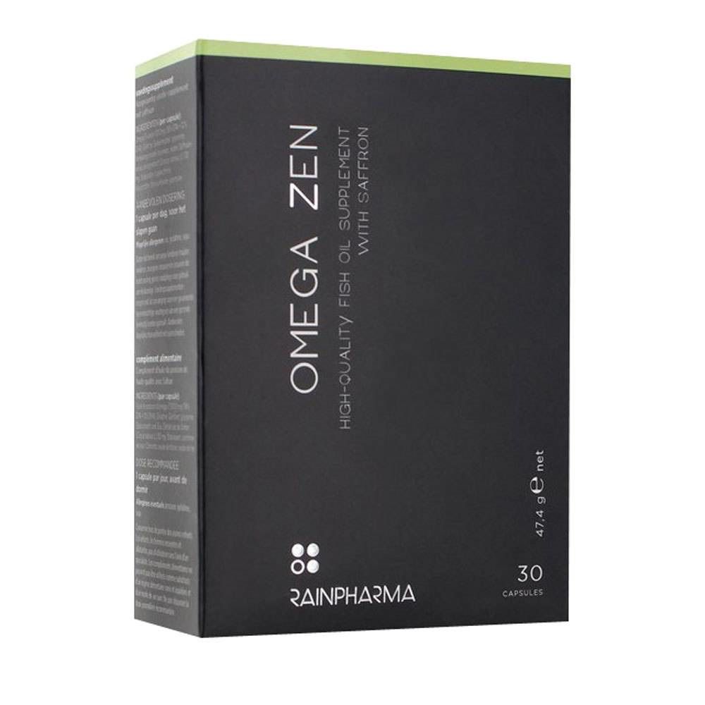 Scatola nera con scritta "OMEGA ZEN". Integratore di olio di pesce con zafferano. Marchio: Rainpharma. 30 capsule, 47,4 g.