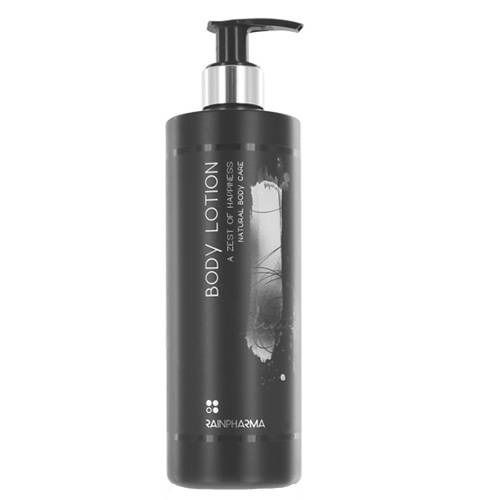 Flacone nero di lozione per il corpo con pompa. Scritta: Body Lotion, Rainpharma. Cura del corpo naturale.