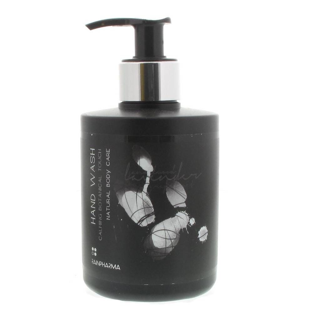 Flacone nero per lavaggio mani con dosatore. Scritta: Hand Wash, Calm Botanical Touch, Natural Body Care. Marchio: Rainpharma.