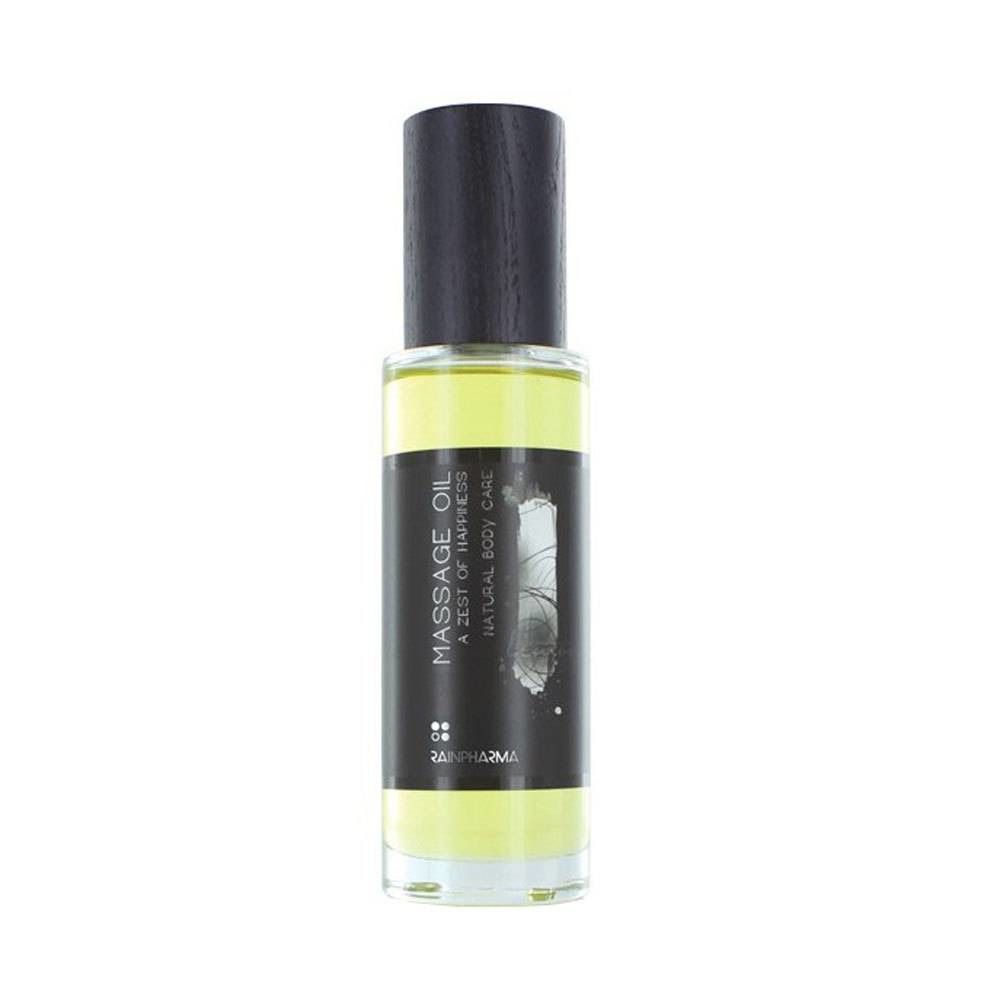 Olio per massaggio trasparente in bottiglia di vetro con tappo in legno nero. Scritta: Massage Oil, A Zest of Happiness, Natural Body Care.