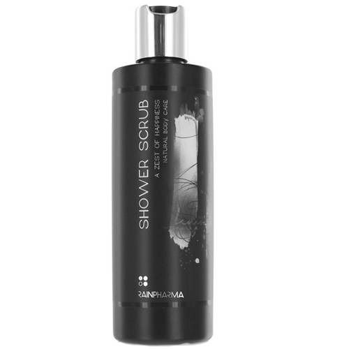 Flacone nero con tappo argentato. Scritta: Shower Scrub, RainPharma. Illustrazione di piante.