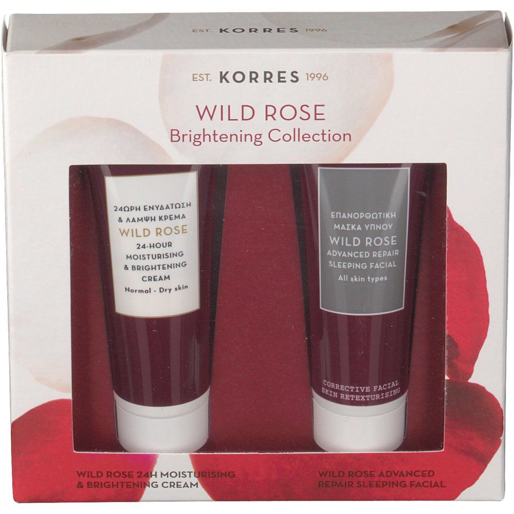 Confezione regalo KORRES Wild Rose Brightening Collection. Contiene due tubetti: crema idratante 24h e maschera notte.