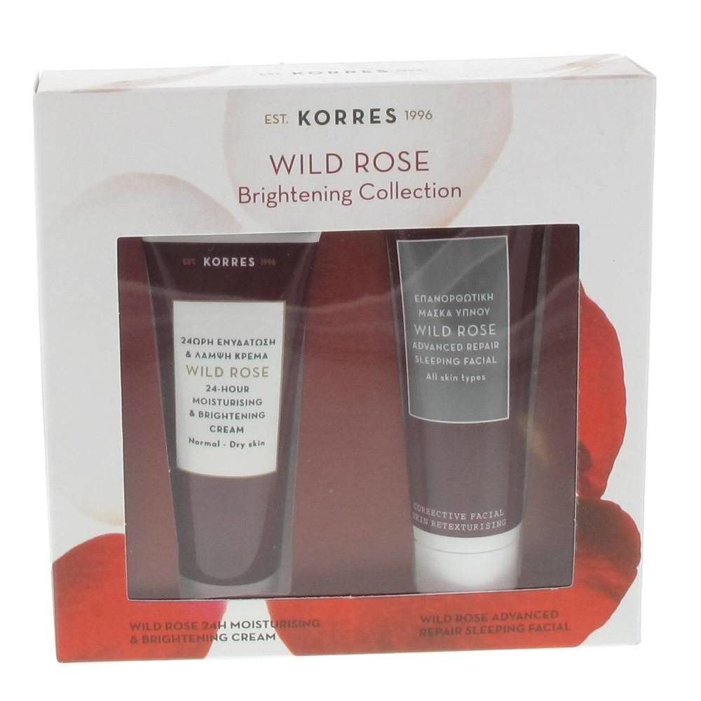 Confezione regalo KORRES Wild Rose Brightening Collection. Contiene due tubetti: crema idratante 24h e maschera notte.