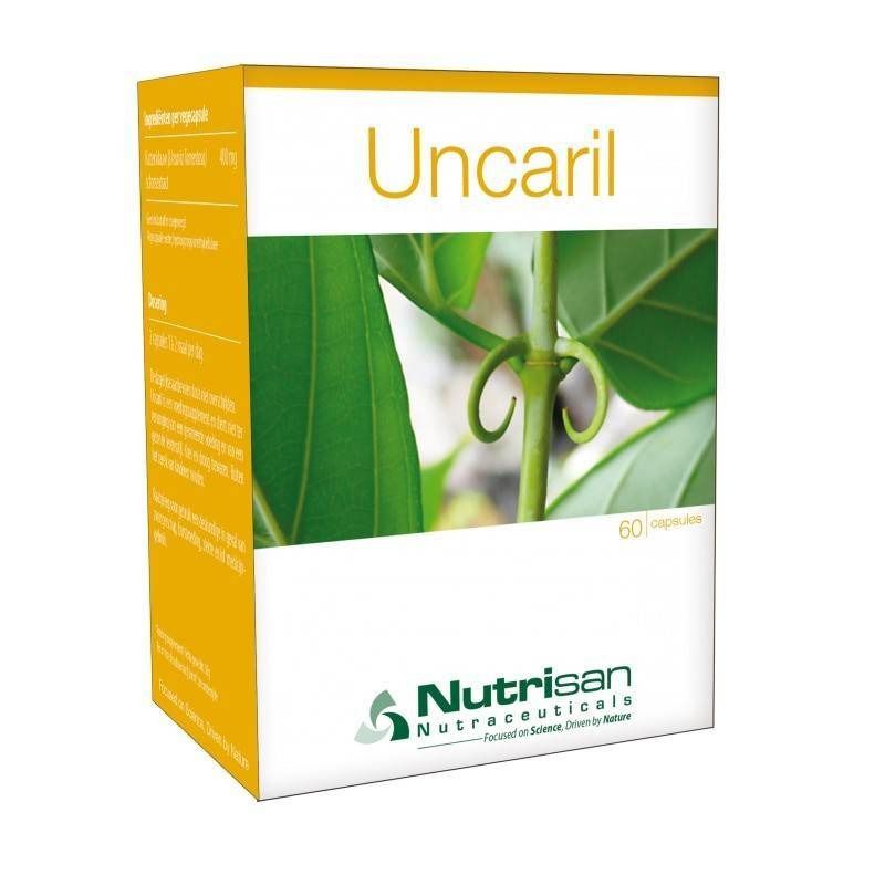 Confezione "Uncaril" con logo e 60 capsule. Immagine di una pianta verde. Testo giallo su sfondo bianco.