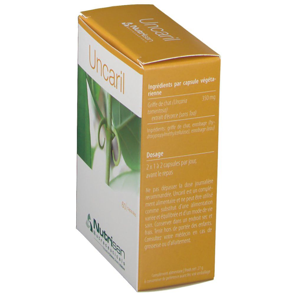 Confezione "Uncaril" inclinata. Informazioni su ingredienti e dosaggio. Logo Nutrisan visibile.