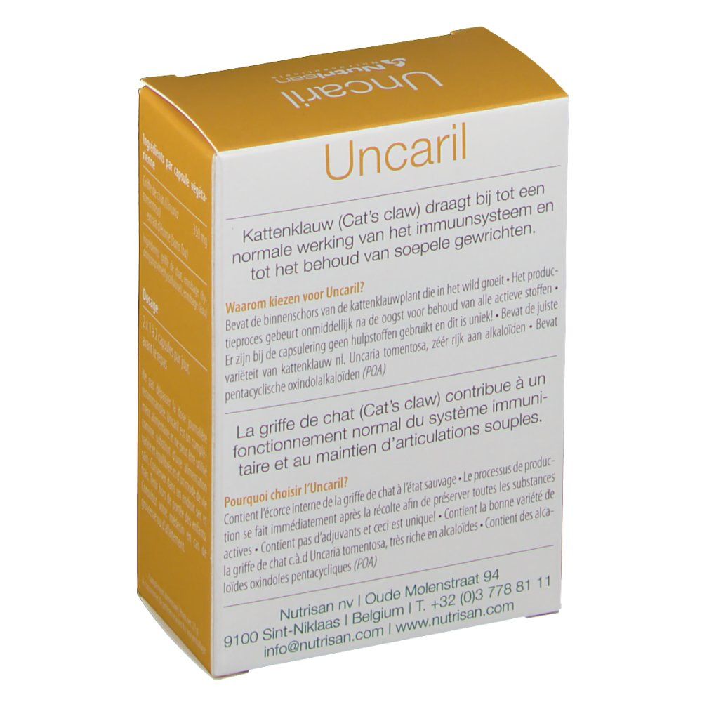 Retro della confezione "Uncaril". Testo in olandese. Logo Nutrisan e contatti.