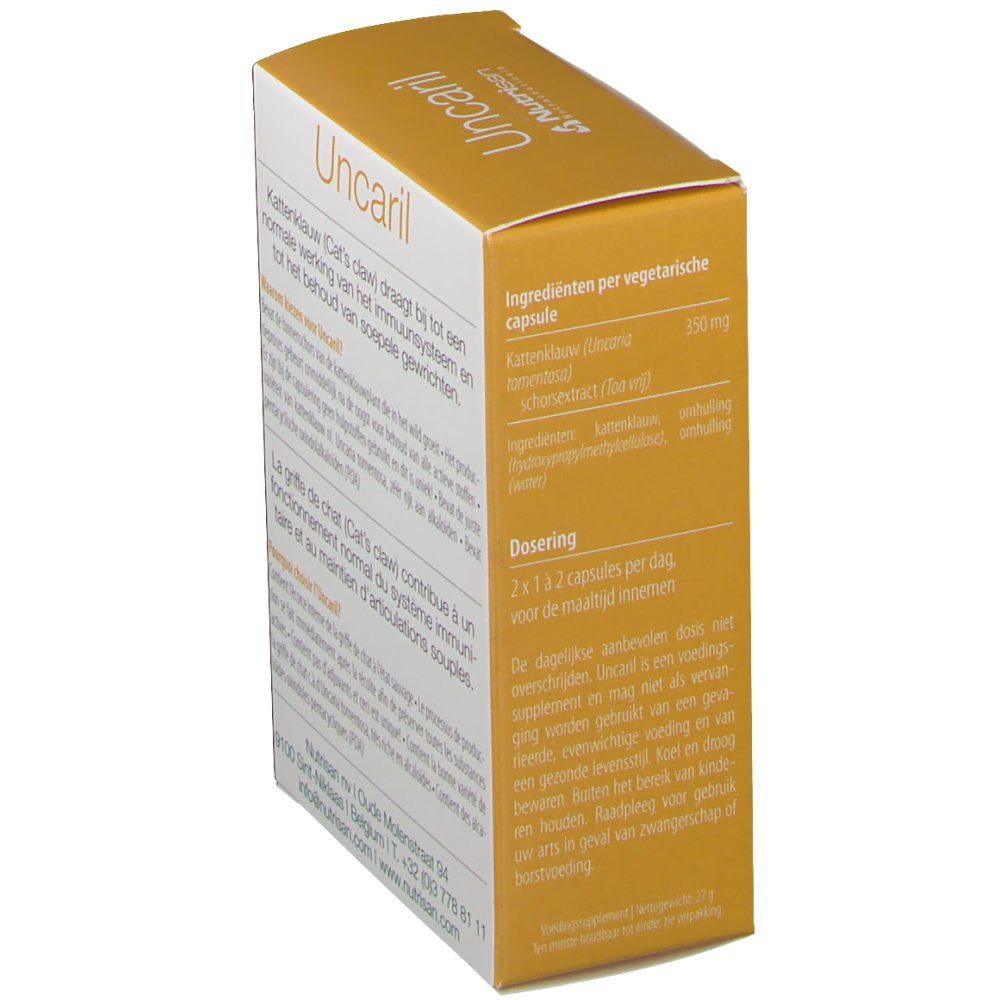Confezione "Uncaril" con testo in olandese. Informazioni su ingredienti e dosaggio.