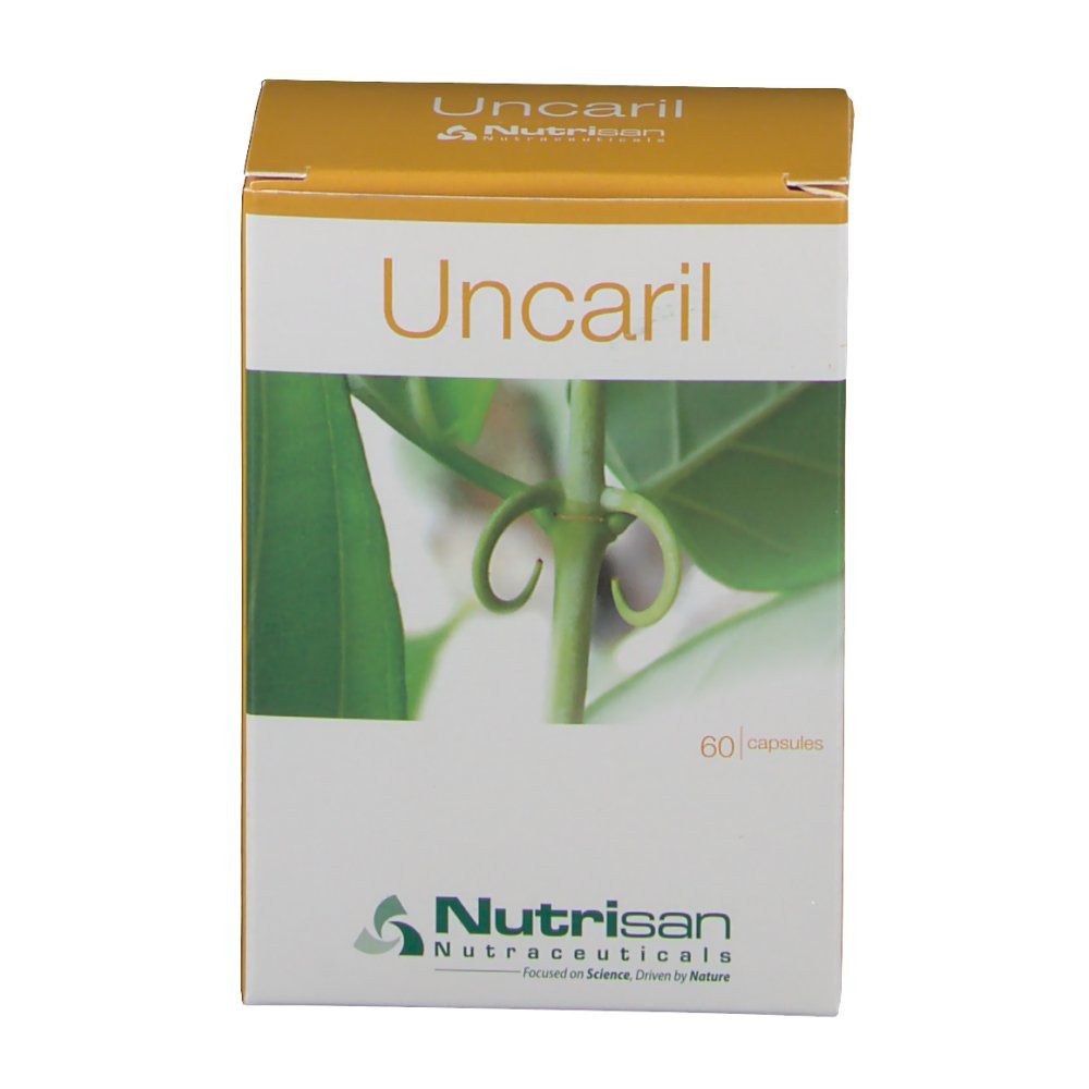 Confezione "Uncaril" con logo e 60 capsule. Immagine di una pianta. Marchio Nutrisan.