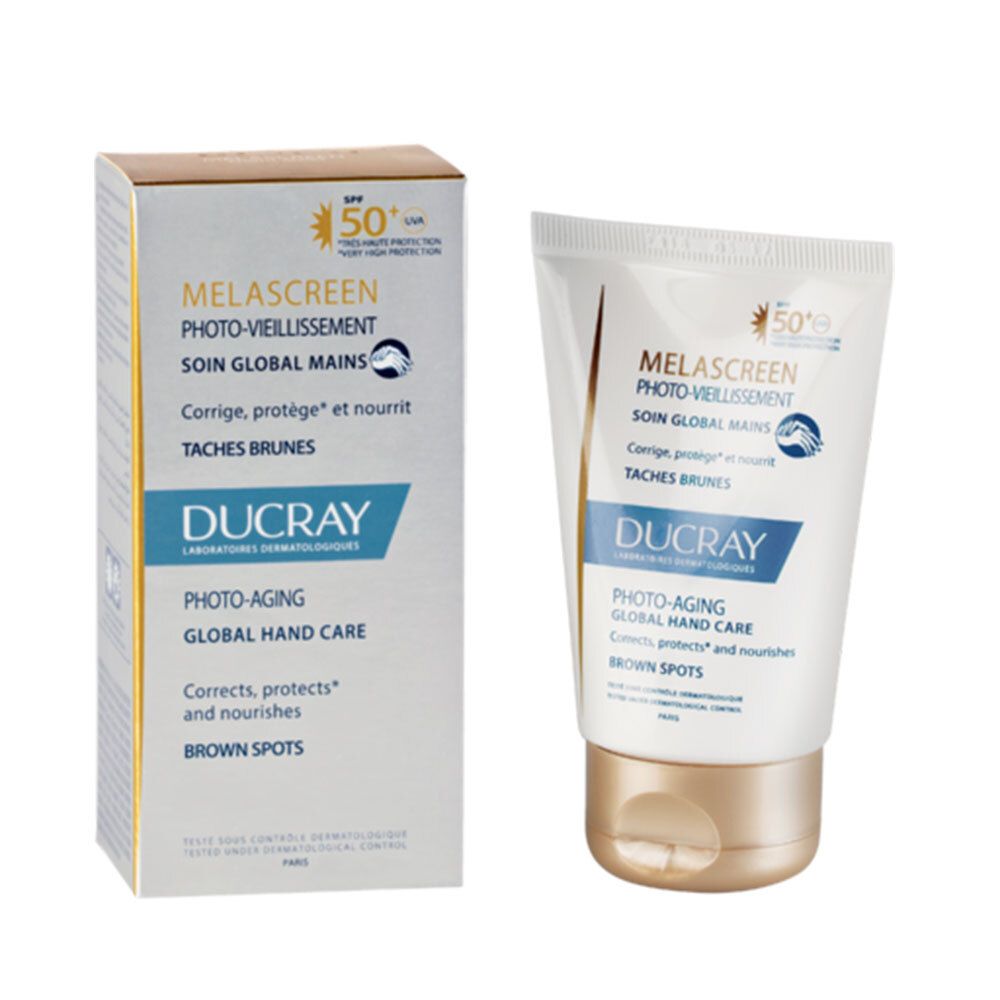 Confezione prodotto con tubo e scatola. Scritta MELASCREEN PHOTO-VIEILLISSEMENT SOIN GLOBAL MAINS. SPF 50+.