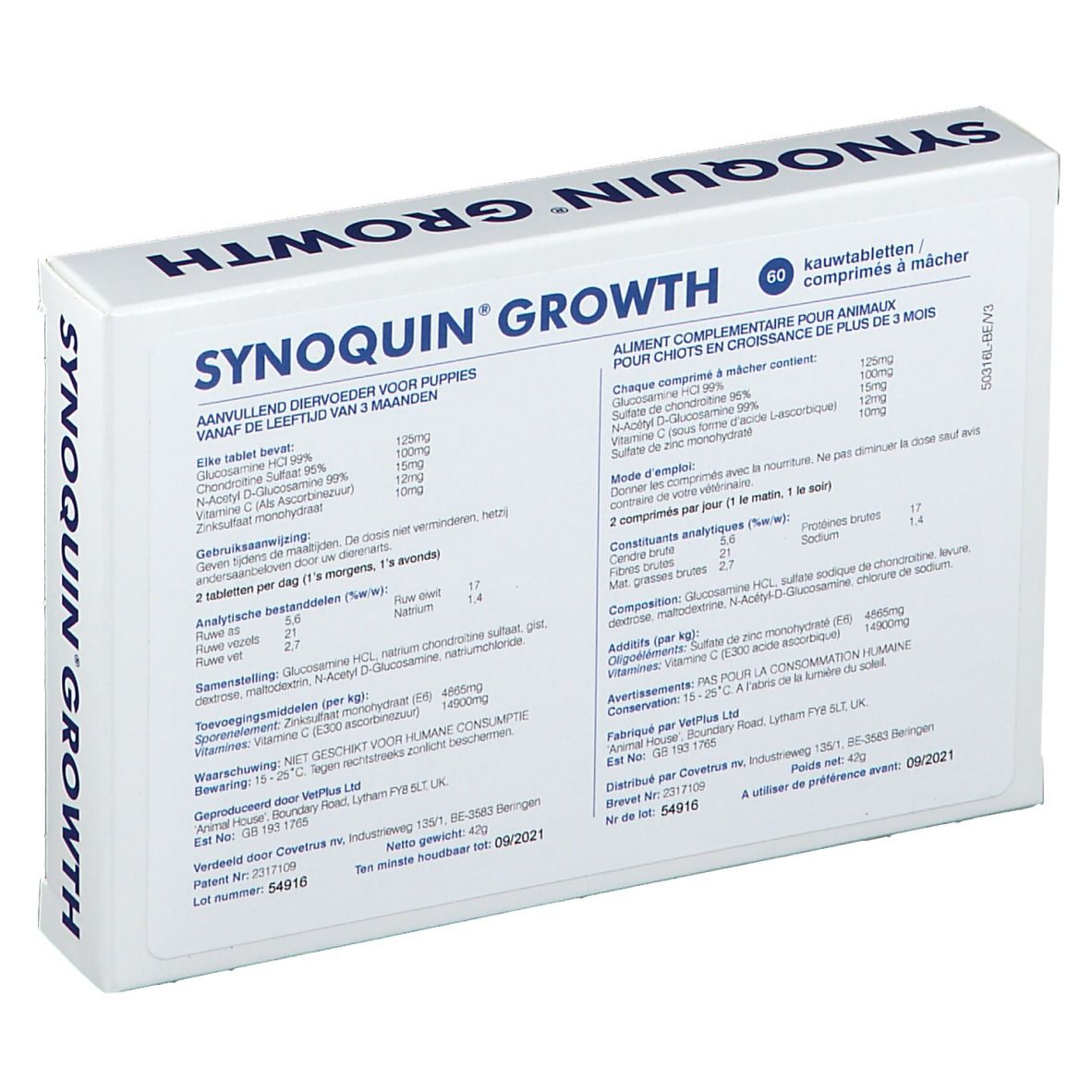 Retro della confezione "SYNOQUIN GROWTH". Contiene informazioni sugli ingredienti e il dosaggio in più lingue.